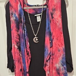 Tie-Dye Open Front Vest with Draped Front - Black & Pink/Blue
